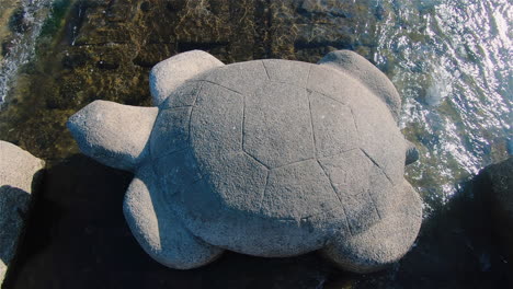 a beautiful wide shot of a turtle stone statue in the middle of kamo river at kyoto, japan on sunny day