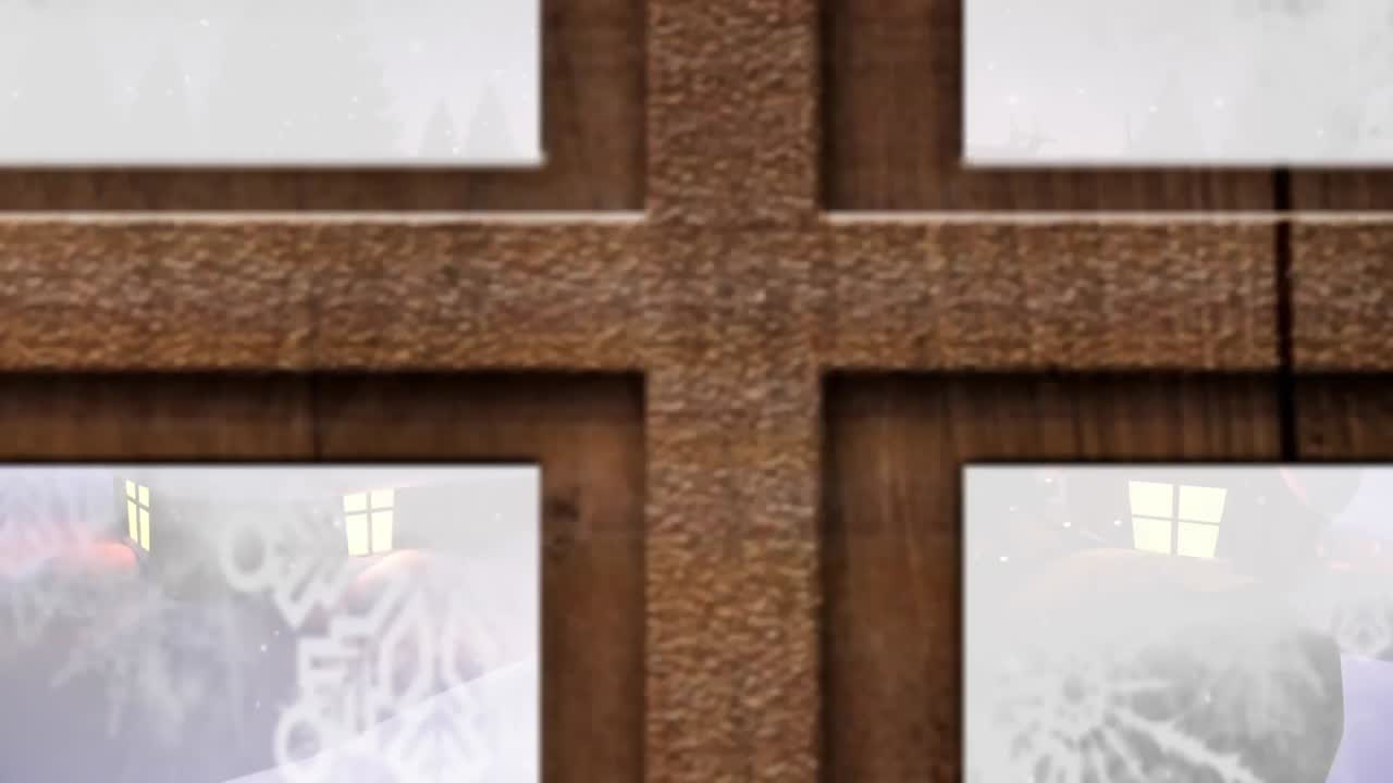 창문 을 통해 볼 수 있는 겨울 풍경, 집 들, 산타  ⁇ 매 의 애니메이션