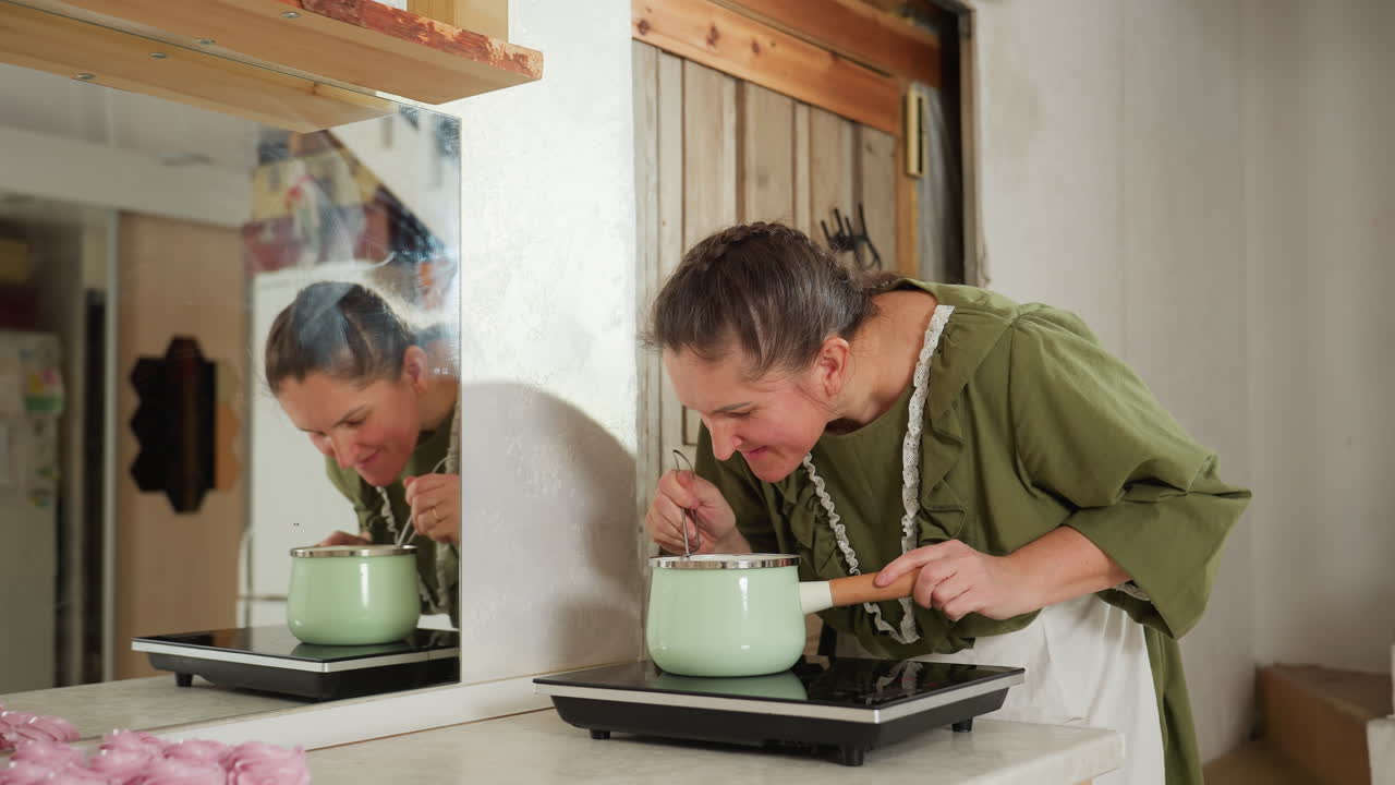 lady in green dress and apron bends over to smell food in pot on stovetop while preparing dinner for family, with large mirror reflecting kitchen space and neatly arranged swirl cupcakes on counter