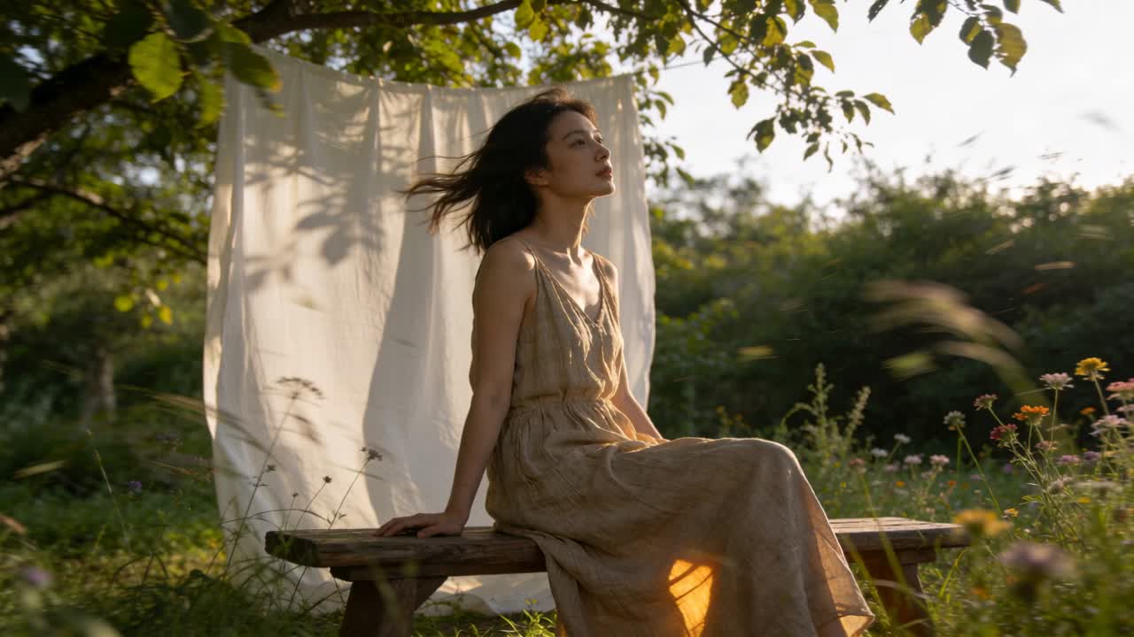 Donna seduta con un vestito beige su una panchina in un prato, con un drappo di stoffa come sfondo, la brezza che muove il tessuto, guardando verso il sole.