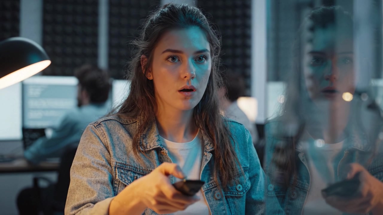 Una giovane donna con un telecomando appare concentrata e contemplativa in uno spazio di lavoro moderno, circondata da schermi illuminati e una luce ambientale soffusa