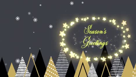 animation of christmas greetings in fairy lights frame over christmas trees background