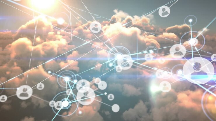 Animation of networks of connections with icons over clouds and sky
