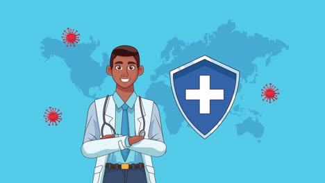 afro doctor personaje profesional y mapas de la tierra animación