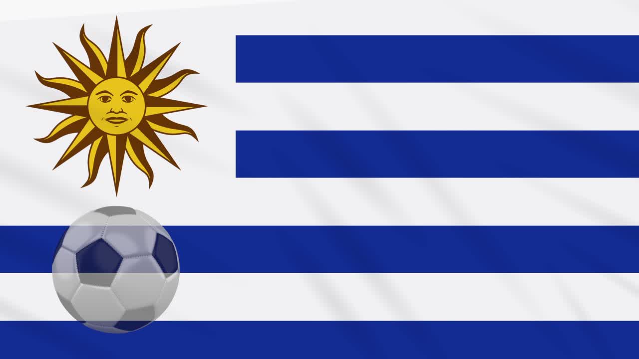 bandera de uruguay y la pelota de fútbol gira contra el telón de fondo de la tela ondulante