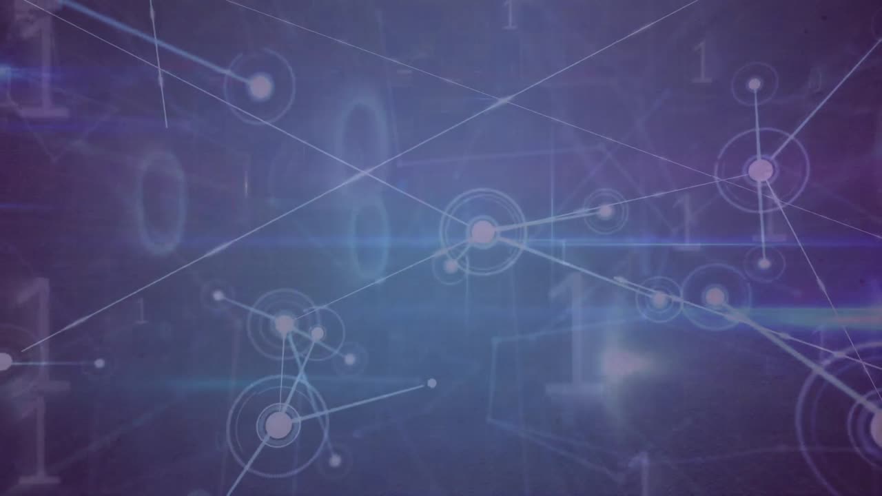 Animation of network of connections and binary code over navy background
