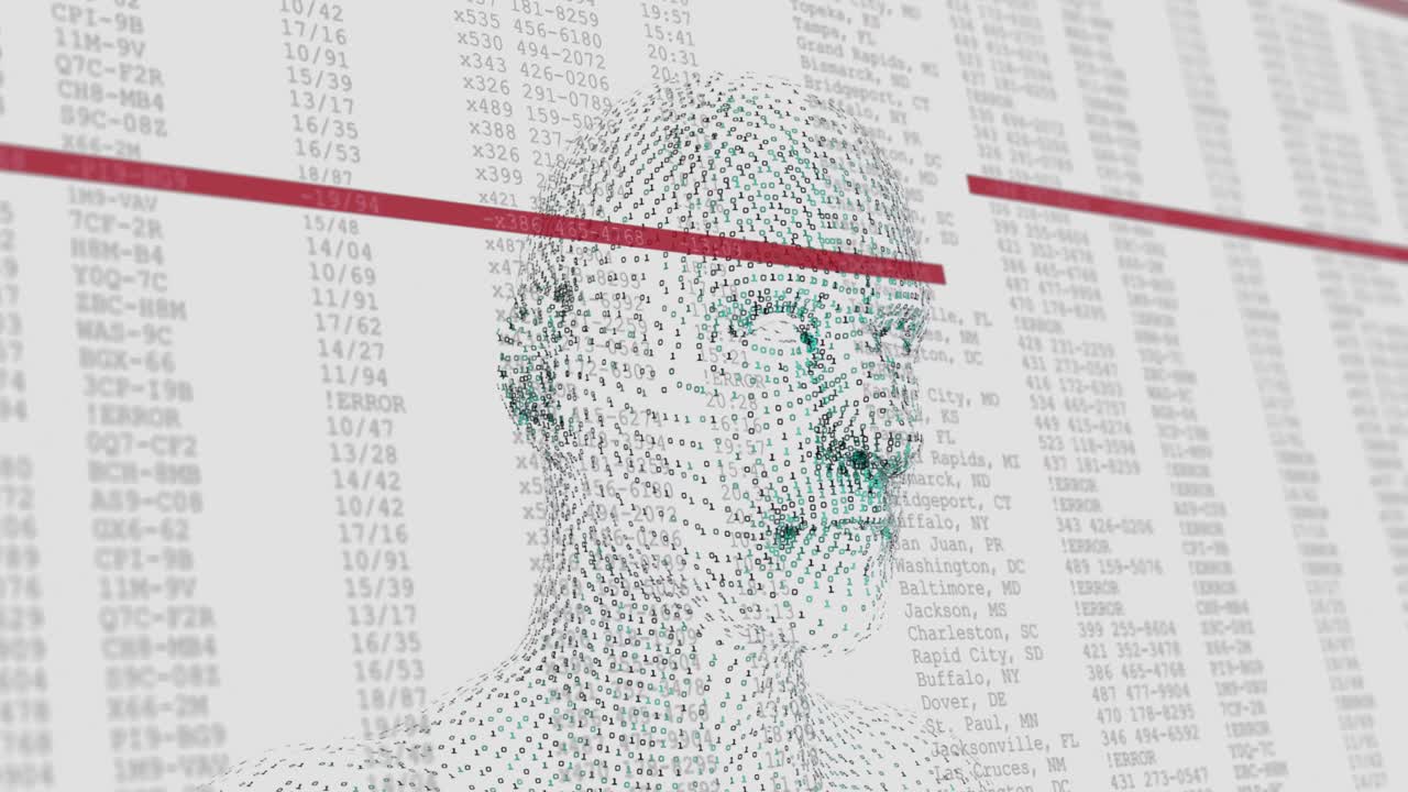 animación de un humano digital sobre el procesamiento de datos sobre un fondo blanco