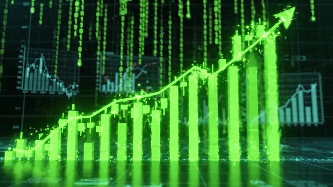Visualizzazione dinamica della crescita con flussi di dati verdi e grafici a barre che rappresentano analisi finanziarie e tendenze di mercato in un ambiente ad alta tecnologia