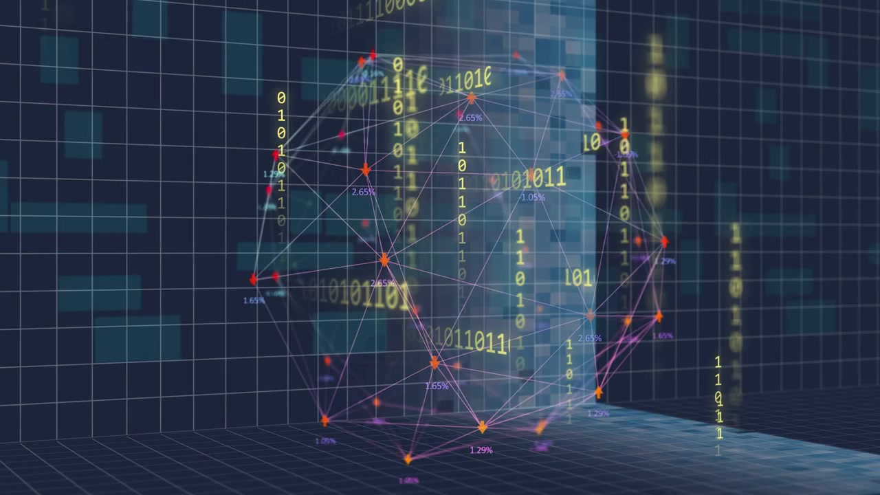 Spherical network rotating, pulsing as data panel sliding in causing binary streams to show percent