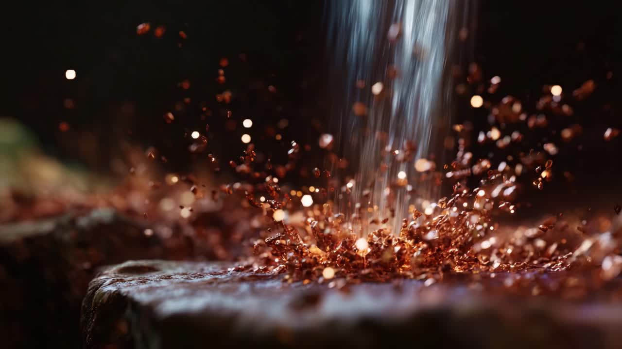 Una straordinaria immagine ravvicinata di scintillanti goccioline d'acqua che schizzano su una superficie lucida, catturando la bellezza dell'acqua e della luce in movimento