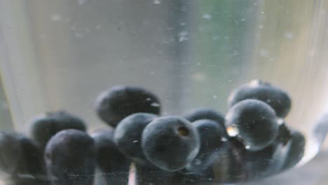 fresh ripe blueberries swirling in clear clean water in glass bowl in slow motion. fruit healthy food being cleaned to eat for rich fibre nutrition