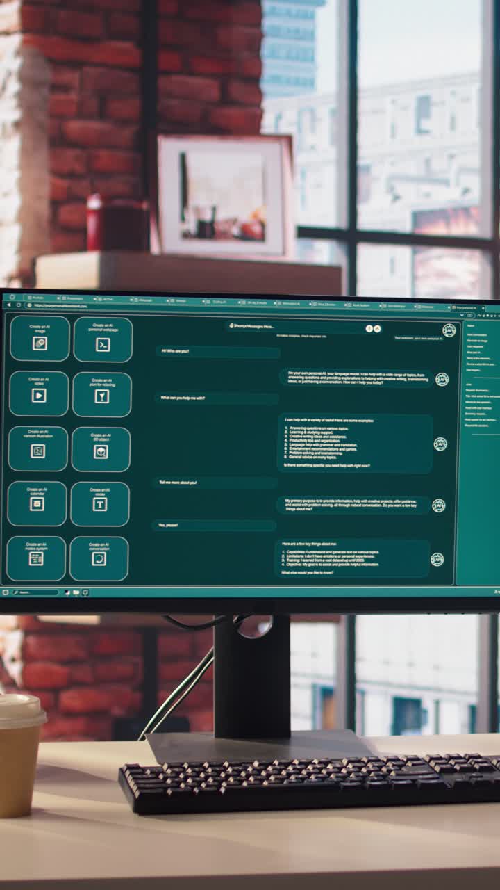 Vertical video Computer setup in workspace showing large language model program
