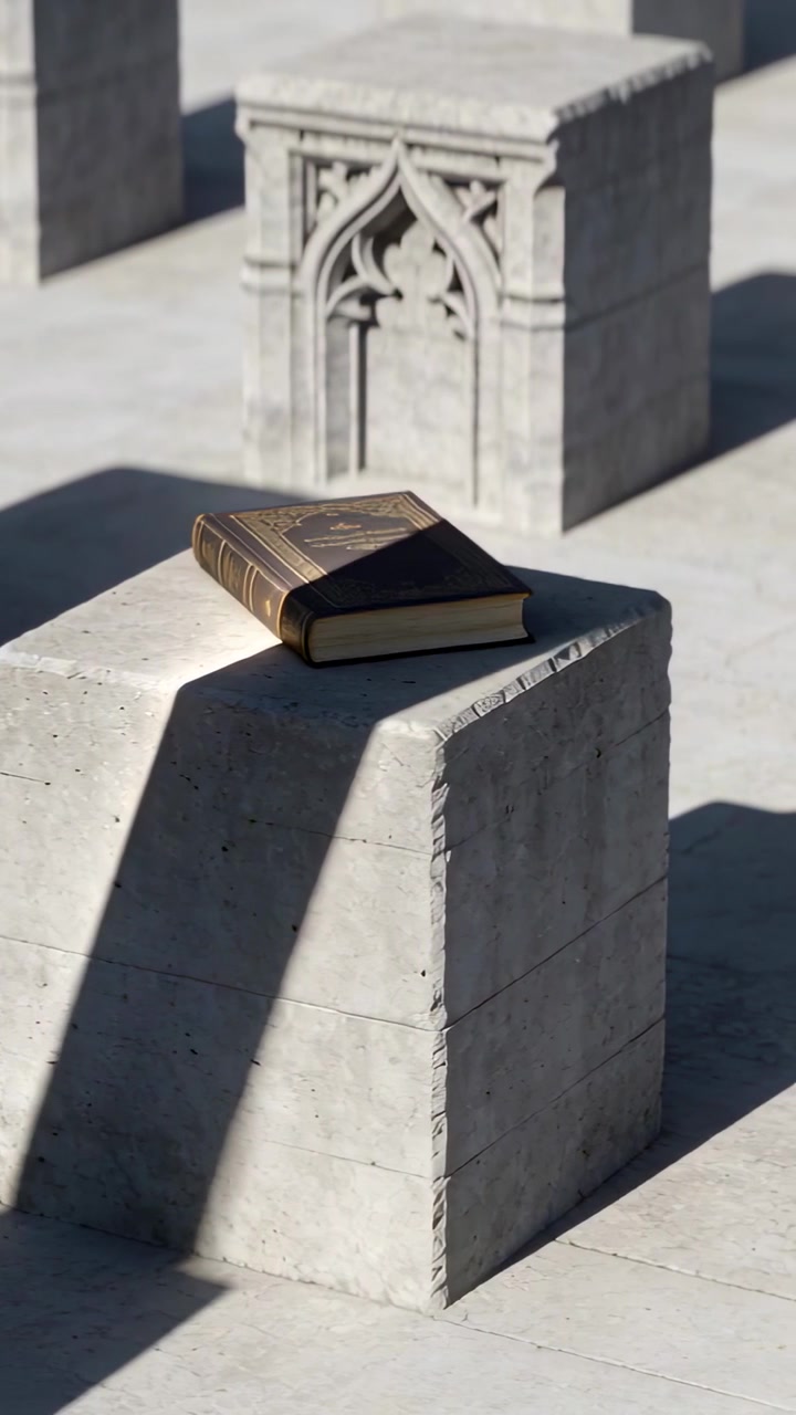 Video verticale: Telecamera che si allontana rivelando un libro su un piedistallo in una piazza illuminata dal sole, mostrando un blocco ad arco