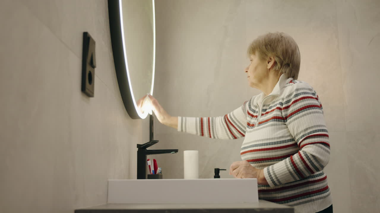 목욕실 거울을 청소하는 노인 여성