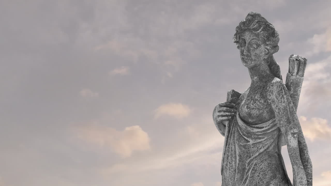 Animation of stone sculpture over sky with clouds