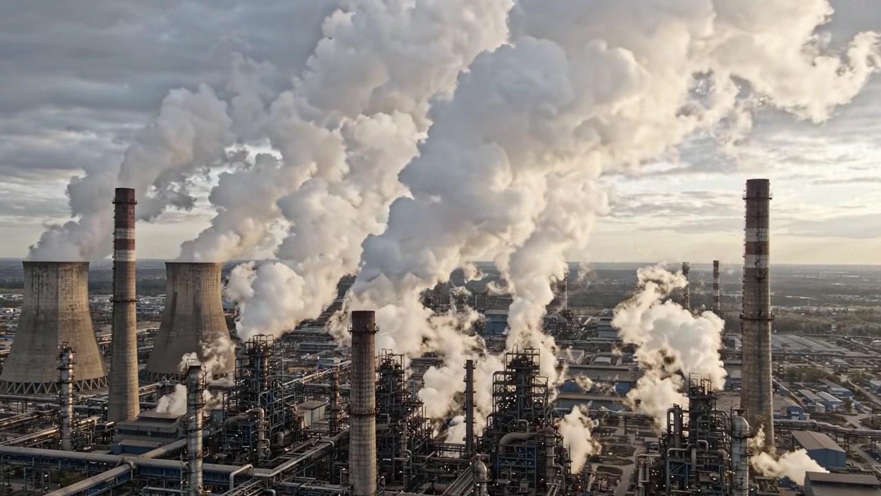 Vista aerea di un complesso industriale con emissioni e fumo che si sprigionano da più ciminiere contro un cielo nuvoloso.