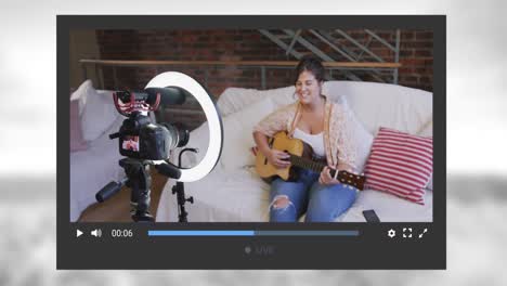 animación de la pantalla de las redes sociales sobre una mujer caucásica haciendo un video blog en casa