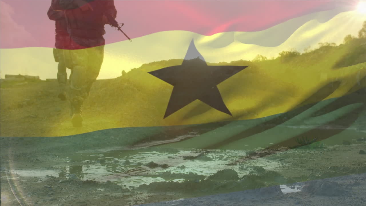Silhouetted soldiers walking with Ghana flag overlay in animation scene