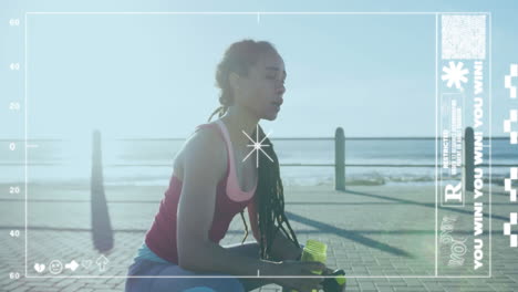 sitting on bench with water bottle, woman over fitness tracking animation