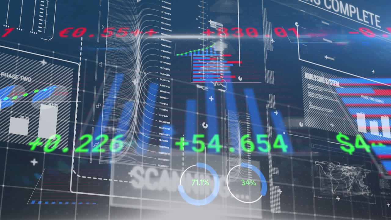 animación del procesamiento de datos financieros y la interfaz digital
