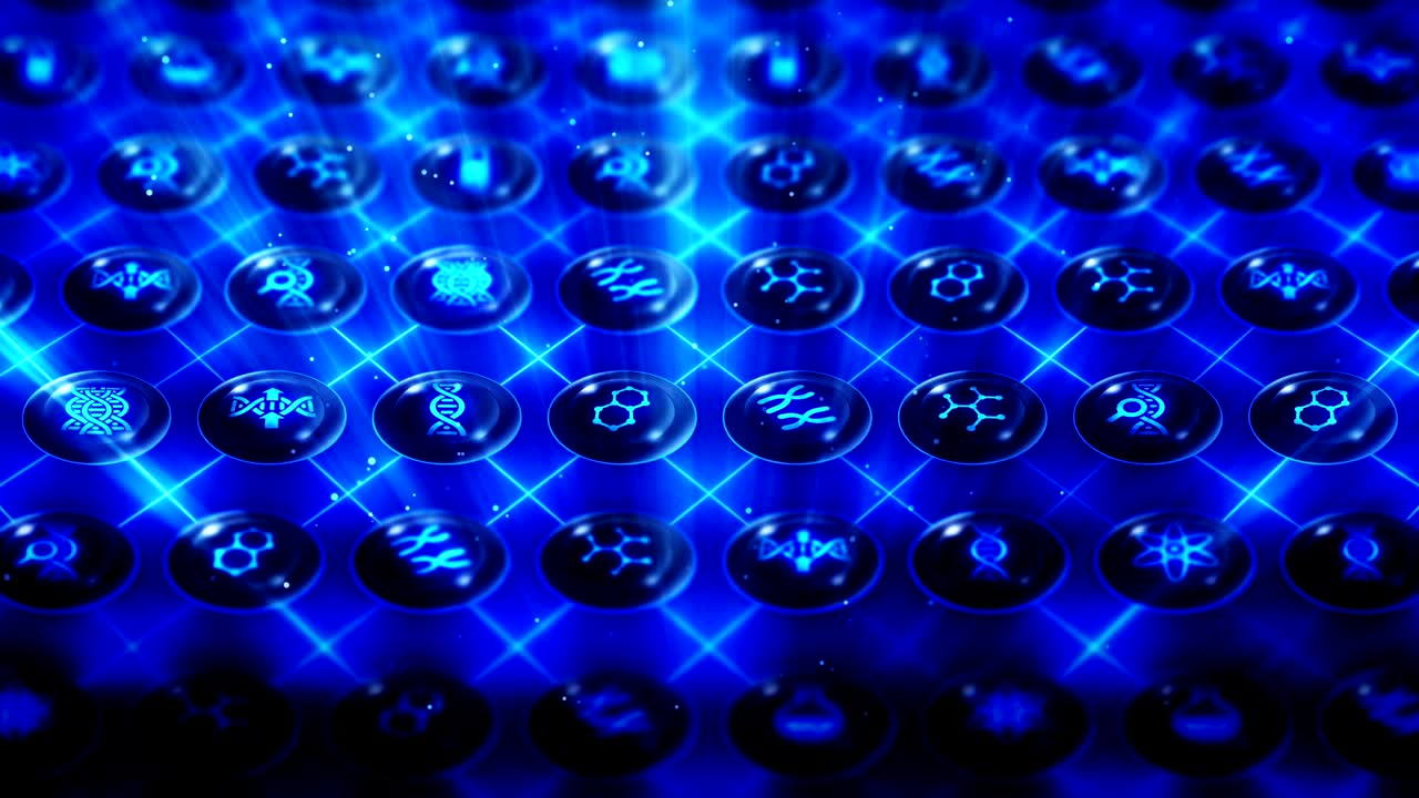 conjunto de iconos genéticos, antecedentes de biotecnología, animación de bucle cg,