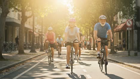 a group of people riding bicycles on a sunny street