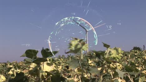 Animation-of-globe-with-numbers-over-flowers-and-wind-turbine