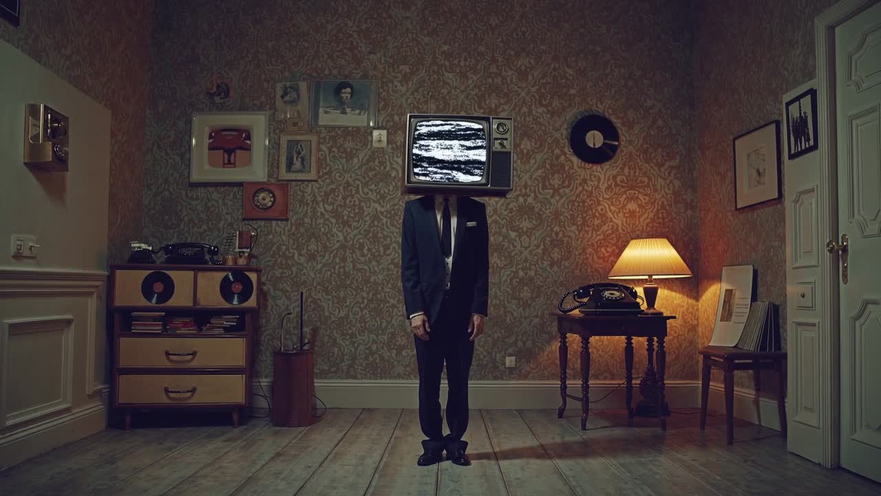 Individual in suit with TV for a head stands in a vintage room filled with retro decor, illustrating a surreal blend of technology and nostalgia