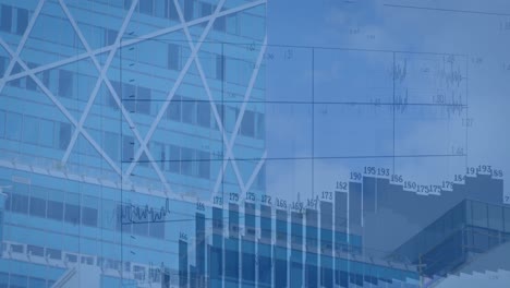 Animation-of-multiple-graphs-moving-over-low-angle-view-of-modern-office-building-in-city