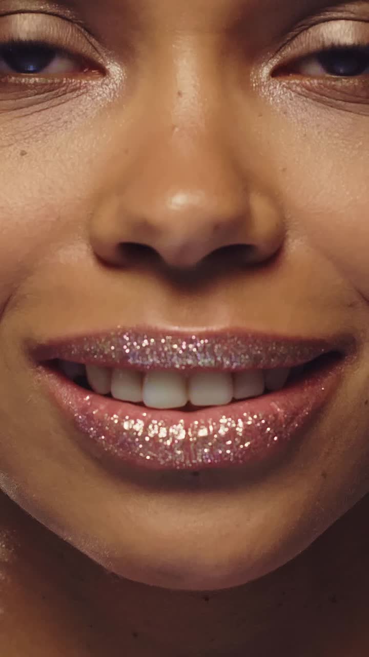 Primer plano del rostro de una mujer con labios de purpurina mostrando diferentes expresiones bucales.