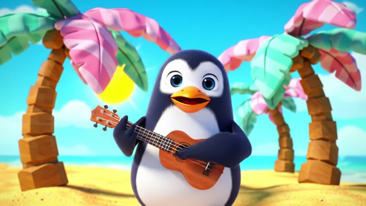 A cheerful animated penguin happily strumming a ukulele on a sunny beach surrounded by colorful palm trees, embodying the spirit of joy and fun in paradise