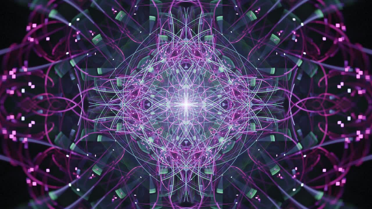 fusión de líneas de mandala cósmica sagrada en verde azulado púrpura y azul descolorido - trance trippy rápido energía de luz fractal caleidoscopio música vj vlog - fondo abstracto de bucle sin costuras