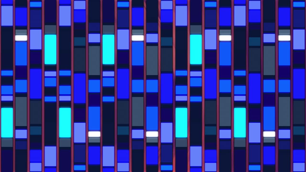 Animation of blue mosaic sqaures shining in seamless pattern against black background