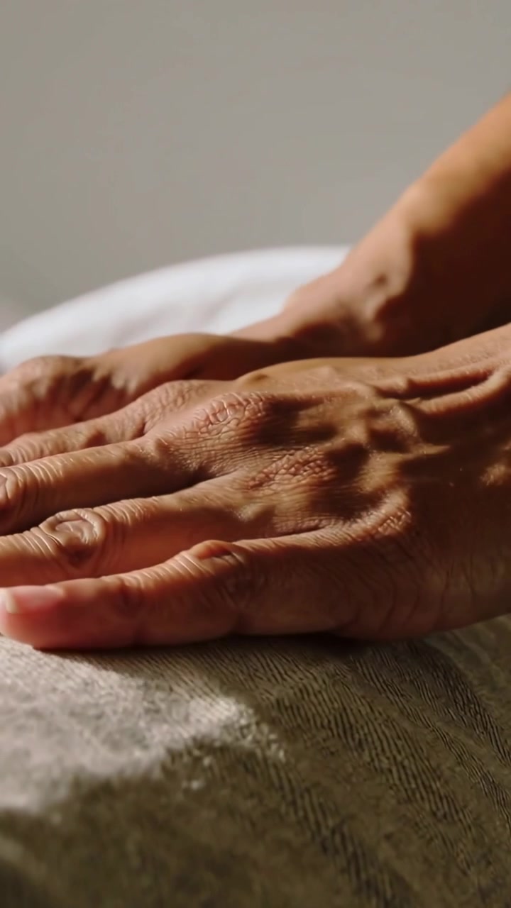 Vertical video: Entering from right, adult hands testing and smoothing bed in bedroom, ring visible