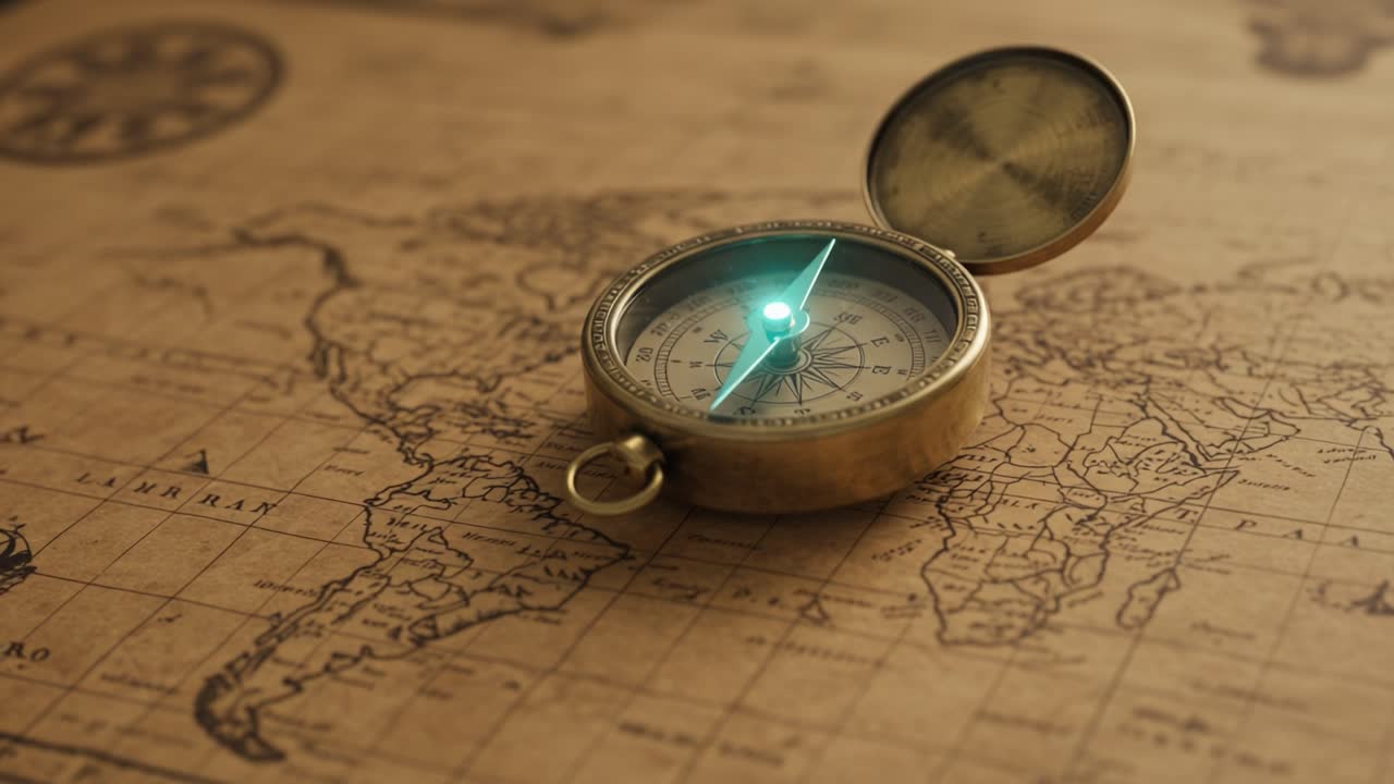 An Antique Compass Illuminated Over a Vintage World Map, Capturing the Essence of Exploration and Adventure with Timeless Charm and Intrigue