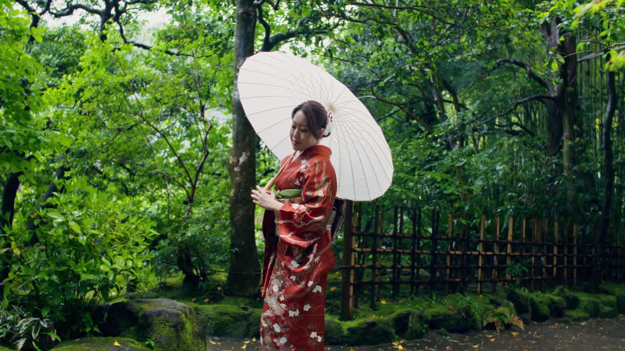 Japanese Woman in Kimono with Umbrella in a Garden