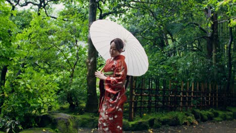 japanese woman in kimono with umbrella in a garden