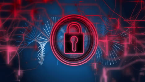 animación de icono de bloqueo sobre cadenas de adn digital y conexiones de red rojas