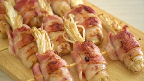 Bacon-Wrapped-Golden-Needle-Mushroom-Skewers