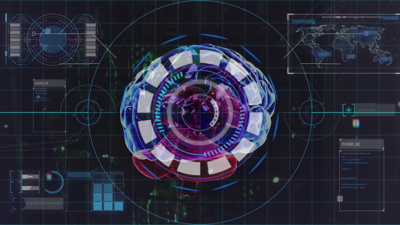 animazione del cervello umano e elaborazione dei dati su sfondo scuro