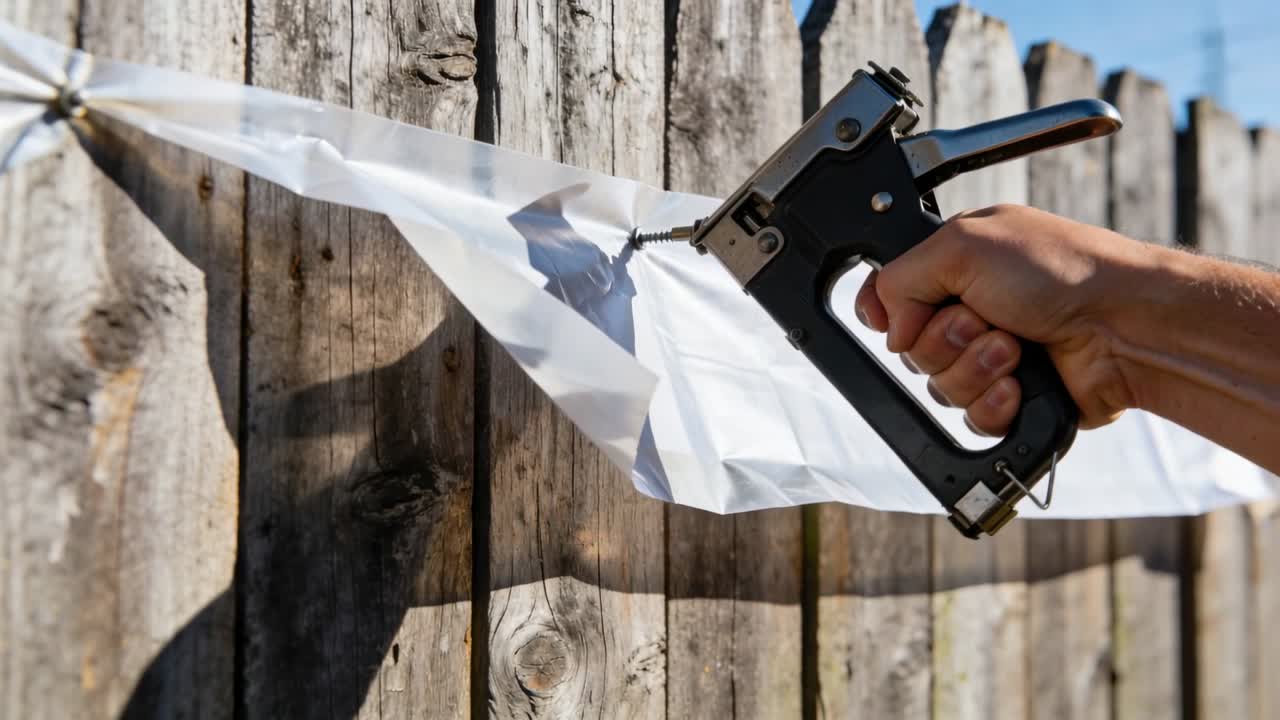 Ser plastikdug spændt ud, en hånd med bar arm presser en hæftepistol for at fastgøre den til hegnet, med kopiplads.