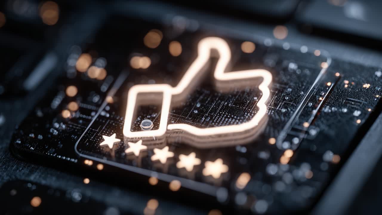 Illuminated Thumbs Up Icon on Keyboard with Stars Symbolizing Positive Feedback and Engagement in the Digital World of Likes and Social Interactions
