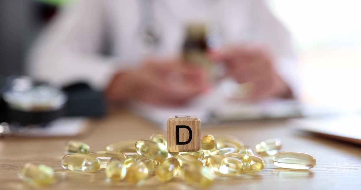 Medico in camice descrive i benefici della vitamina D mostrati su un cubo