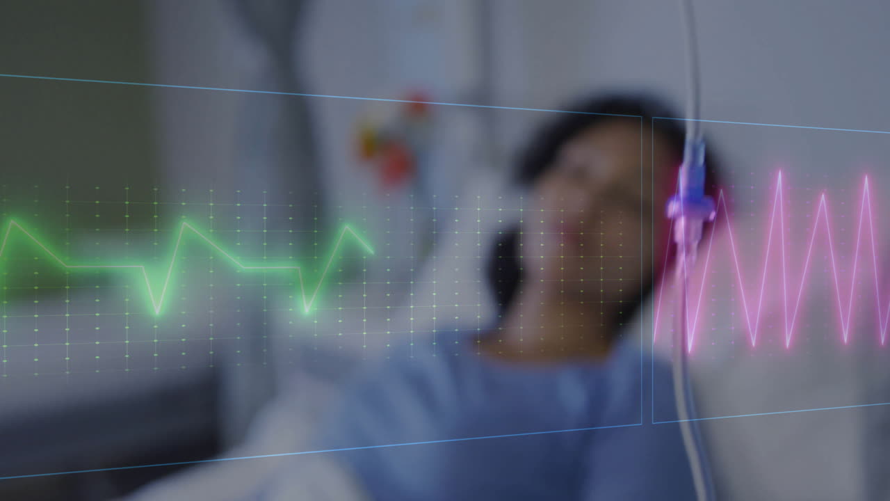 Animation of medical data processing over biracial female patient on iv drip in hospital