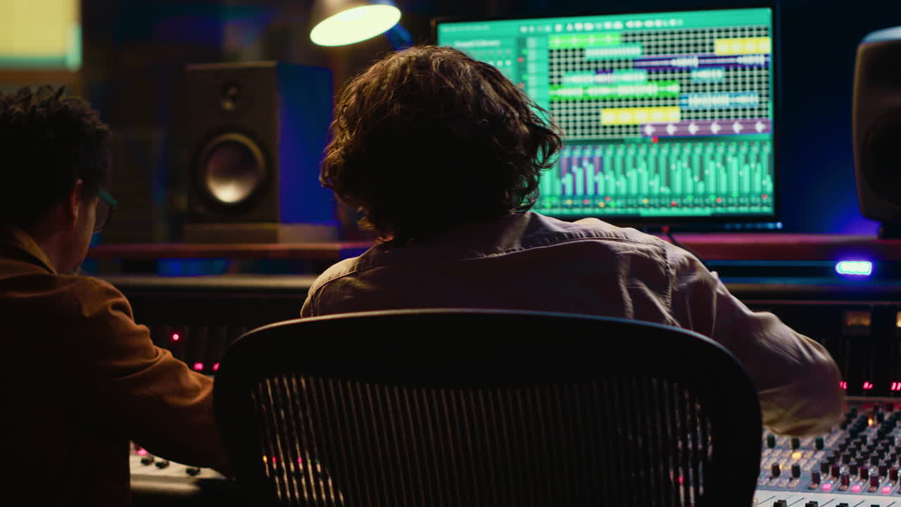 Sound designer working with artist to create a new song for his album,