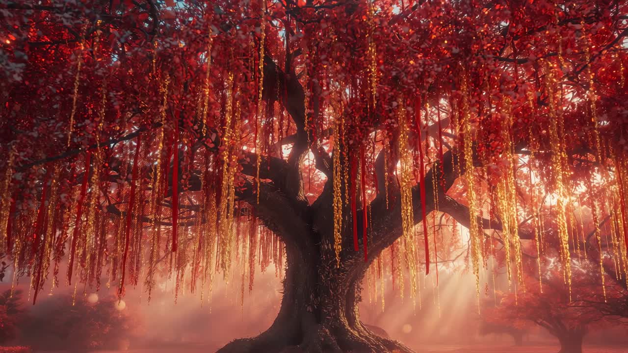 Sliding camera revealing ancient tree in misty meadow, with red foliage and golden hanging vines