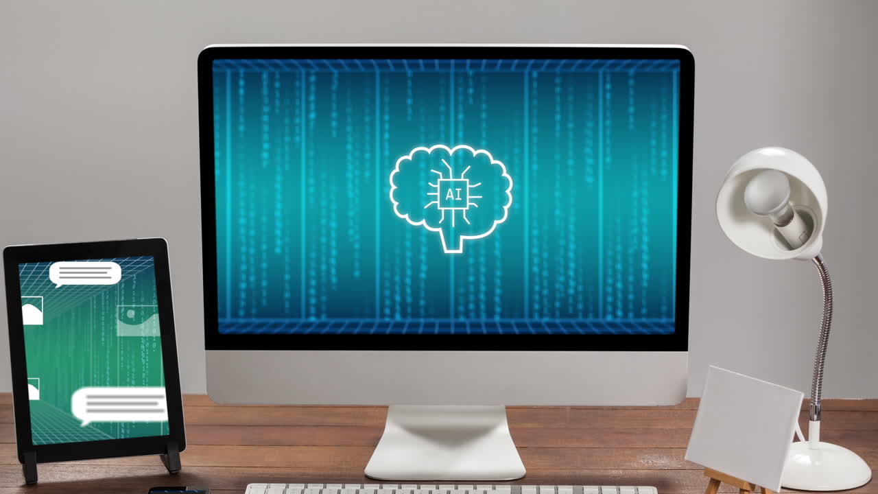 animación del icono de inteligencia artificial, procesamiento de texto y datos en la pantalla de la computadora