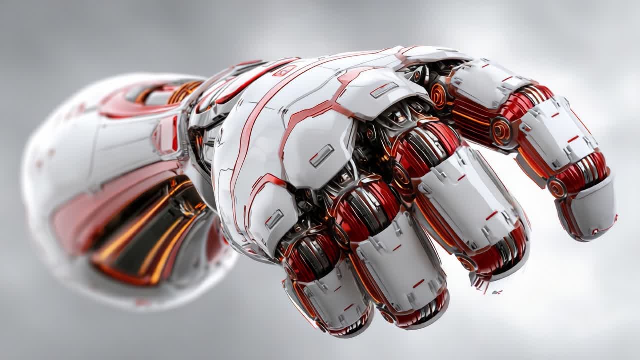 A Futuristic Robotic Hand Extending Towards the Viewer, Showcasing Intricate Mechanical Details and Sleek Design in a Modern Sci-Fi Aesthetic