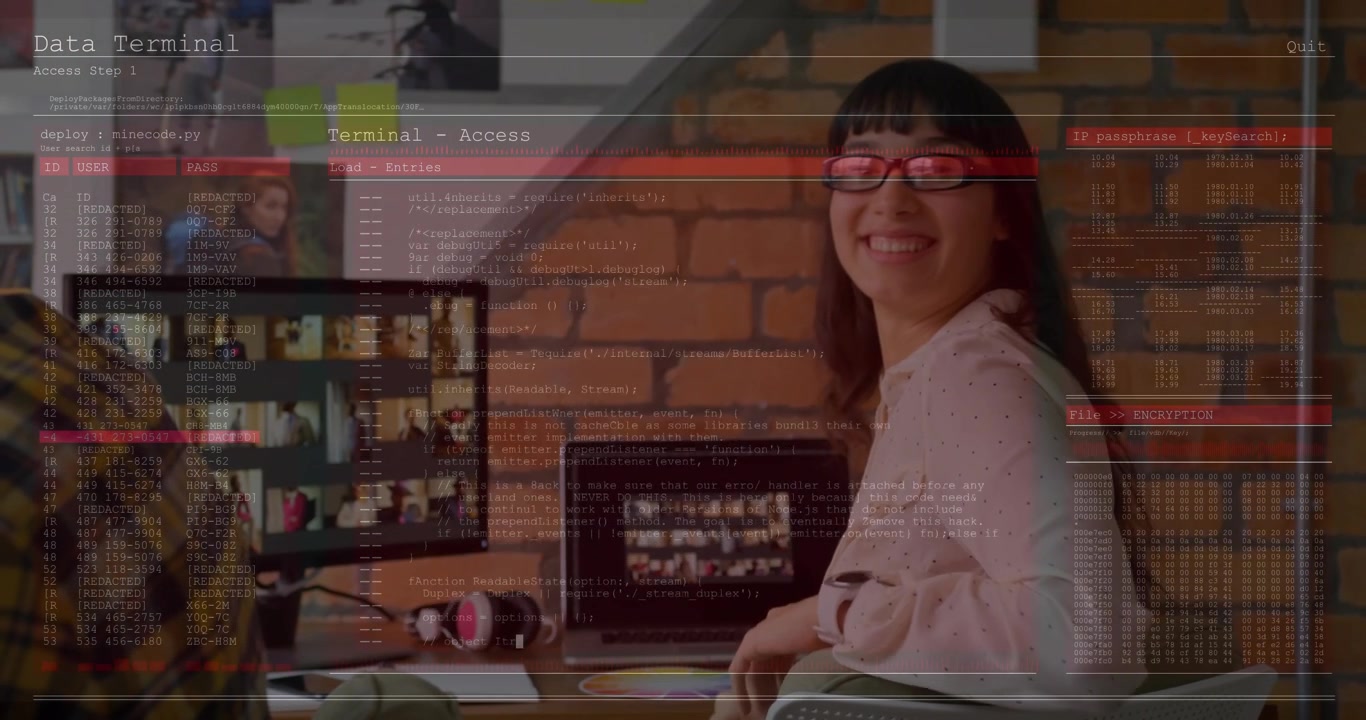 Female designer turning to camera as terminal overlay fading in, showing monitor grid for tech demo