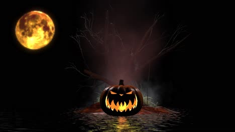 Halloween-Gruselkürbis-Mit-Spukbaum,-Leuchtendem-Mond,-Staubpartikeln,-Nebel-Und-Wasserreflexionen-3D-Animation